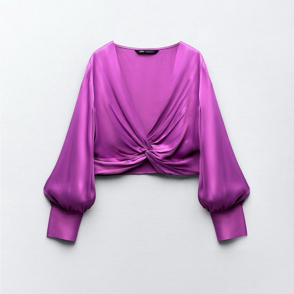 Zara Magenta Twist-Front Satin Crop Blouse